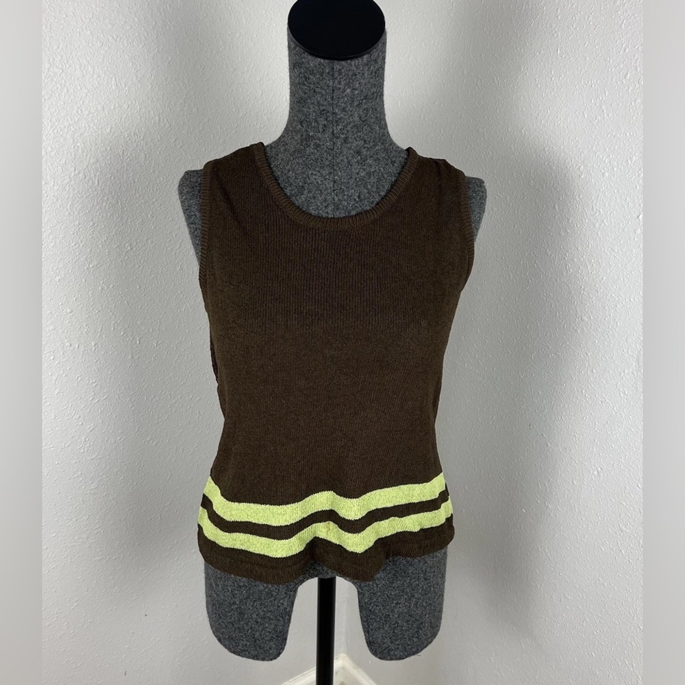 Vintage Carolyn Eve Large Brown Green Tight Knit Wool Sleeveless Top Sweater USA